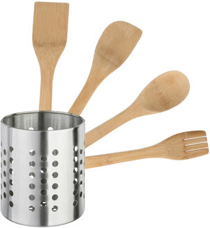 CM Keukengerei - houten spatels set 4-delig - RVS houder - Keuken pollepels/spatel