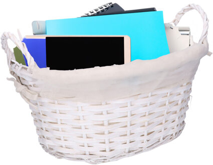 CM Rieten opbergmand - gevlochten rotan - wit - 35 x 25 x 24 cm - met binnenvoering