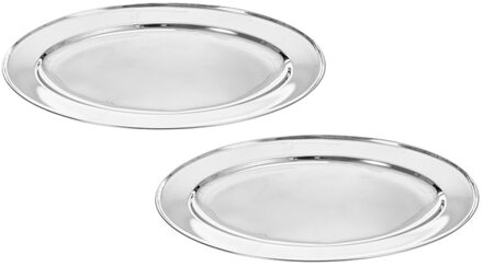 CM serveerschaal/dienblad - 2x - ovaal - zilver - RVS - 40 x 26 x 3 cm - party hapjes/catering schaa
