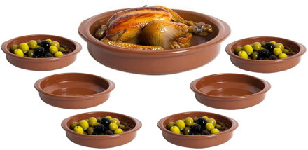 CM Tapas serveerschalen set - 1x D22 cm en 6x D10 cm - rond - Spaans terracotta ovenschaaltjes