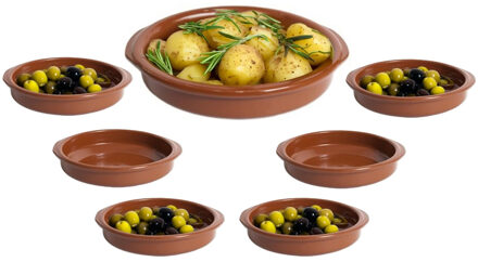 CM Tapas serveerschalen set - 1x D24 cm en 6x D10 cm - rond - Spaans terracotta ovenschaaltjes