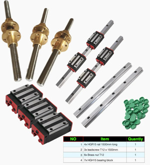 CNC machine Kit 4x HGR15 linear rail 1500mm long + 7x HGH15 bearing block+ 3x leadscrew T12 x 1500mm 12mm lead+6x Brass nut T12