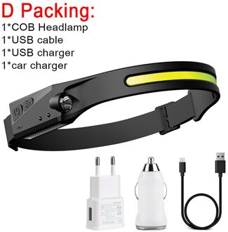 Cob Led Koplamp Sensor Koplamp Met Ingebouwde Batterij Zaklamp Usb Oplaadbare Head Lamp Torch 5 Verlichting Modi Werken licht D Packing