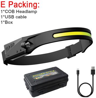 Cob Led Koplamp Sensor Koplamp Met Ingebouwde Batterij Zaklamp Usb Oplaadbare Head Lamp Torch 5 Verlichting Modi Werken licht E Packing
