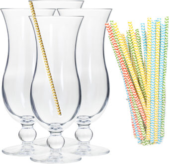 Cocktail set van 4x cocktail glazen en 100x duurzame rietjes - 440 ml - Drinkglazen Transparant