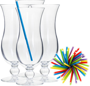 Cocktail set van 4x cocktail glazen en 100x duurzame rietjes gekleurd - Drinkglazen Transparant