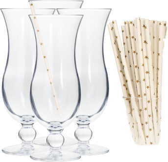 Cocktail set van 4x cocktail glazen en 100x duurzame rietjes met sterren - Drinkglazen Transparant