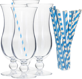 Cocktail set van 4x cocktail glazen en 100x rietjes - 440 ml - blauw - Drinkglazen Transparant