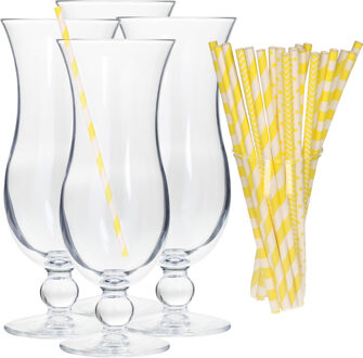 Cocktail set van 4x cocktail glazen en 100x rietjes - 440 ml - geel - Drinkglazen Transparant