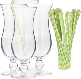 Cocktail set van 4x cocktail glazen en 100x rietjes - 440 ml - groen - Drinkglazen Transparant