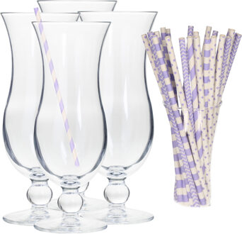 Cocktail set van 4x cocktail glazen en 100x rietjes - 440 ml - lila/paars - Drinkglazen Transparant