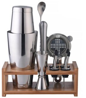 Cocktail Shaker Barman Kit 10Pcs Rvs Cocktail Zeef Ijs Lepel Houten Stand Pourers Bar Gereedschap