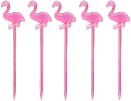 Cocktail/tapas prikkers - flamingo - 50x stuks - roze - kunststof - 8 cm - Cocktailprikkers