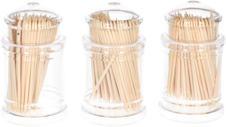 Cocktailprikkers met dispenser - 3x stuks - bamboe hout - 7 cm