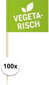 Cocktailprikkers Vegetarisch - 100x - 8 cm -mini vlaggetjes -Houten spiesjes Groen