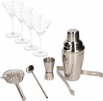 Cocktails maken set met cocktailshaker en 4x luxe cocktailglazen - Cocktailshakers Zilverkleurig