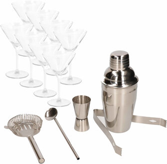 Cocktails maken set met cocktailshaker en 8x luxe cocktailglazen - Cocktailshakers Zilverkleurig
