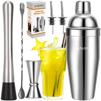 Cocktailset - 6 delig - RVS - zilver - met cocktailshaker - cadeauset