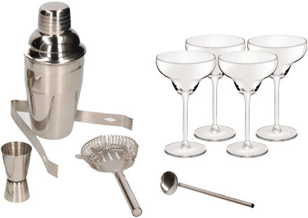 Cocktailshaker set RVS 5-delig inclusief 4x cocktail/margarita glazen 300 ml - Cocktailshakers Zilverkleurig