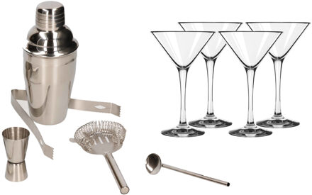 Cocktailshaker set RVS 5-delig inclusief 4x cocktail/martini glazen 250 ml - Cocktailshakers Zilverkleurig