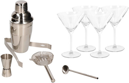 Cocktailshaker set RVS 5-delig inclusief 4x cocktail/martini glazen 260 ml - Cocktailshakers Zilverkleurig