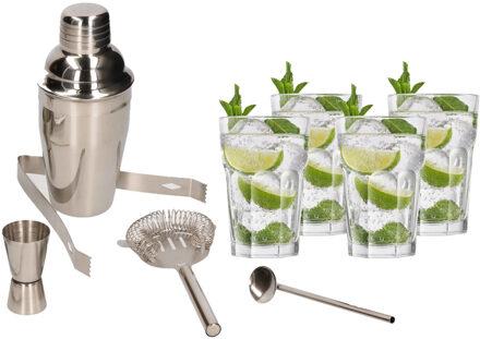 Cocktailshaker set RVS 5-delig inclusief 4x cocktailglazen 410 ml - Cocktailshakers Zilverkleurig