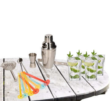 Cocktailshaker set RVS 5-delig inclusief 4x cocktailglazen 410 ml - Cocktailshakers Zilverkleurig