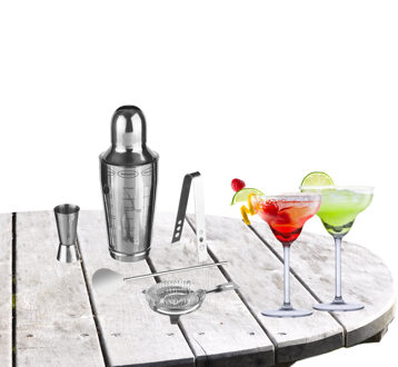 Cocktailshaker set RVS 5-delig inclusief 4x margarita glazen 250 ml - Cocktailshakers Zilverkleurig