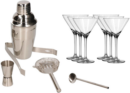 Cocktailshaker set RVS 5-delig inclusief 6x luxe cocktail/martini glazen 260 ml - Cocktailshakers Zilverkleurig