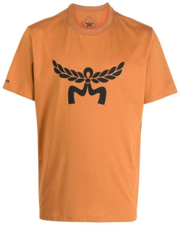 Cognac Bruin Logo Print T-shirt MCM , Brown , Heren - Xl,S