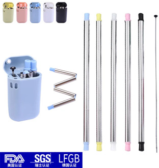 Collapsible Reusable Drinking Food Grade Silicone Straw Portable Stainless Steel Straw with Case and Brush for Travel Outdoor