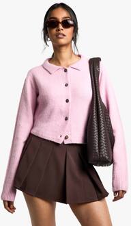 Collared Button Through Knit Cardigan, Pink - M