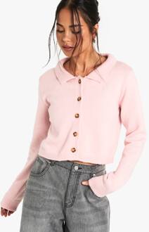 Collared Button Through Knit Cardigan, Pink - M