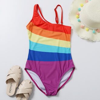 Collectie Zomer Kids Meisje Kleurrijke Monokini Badpakken Kinderen Regenboog Streep Badpakken Outfits Voor 7-14Y 6T