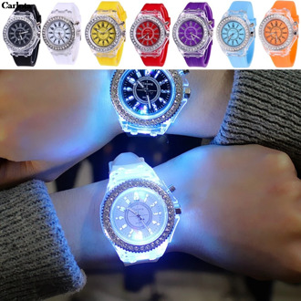 Colorful Rhinestone LED Luminous Glowing Sport Watches Women Quartz Watch Ladies Candy Silicone Wristwatches Jelly Night Light