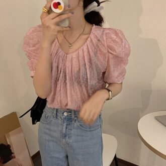 Comelsexy V-hals Roze Chiffon Blouses Vrouwen Zomer Koreaanse Stijl Shirt Solid Puff Mouwen Tops Vrouw Kleren Blusas
