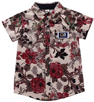 Comfortabele Jongens Blouses Zomer Linnen Katoen Casual Bloemen Afdrukken Splicing Shirts Kid Leisure Turn Down Kraag Mode Top Rood / 18m