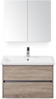 Como Badmeubelset 80 cm - Greeplijst in Kleur Grijs Eiken - Keramische Wastafel Wit met Spiegelkast