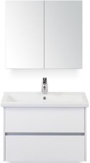 Como Badmeubelset 80 cm - Greeplijst in Kleur Wit Hoogglans - Keramische Wastafel Wit met Spiegelkast