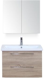 Como Badmeubelset 80 cm - Grijs Eiken - Keramische Wastafel Wit met Spiegelkast