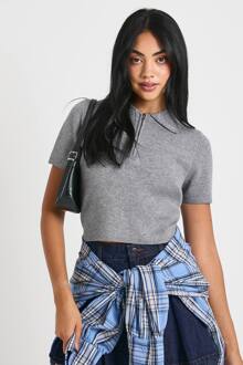 Compact Gebreid Topje Met Ritssluiting En Korte Mouwen, Grey