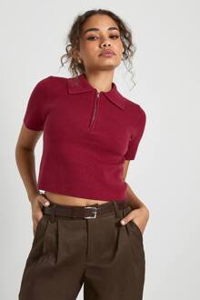 Compact Gebreide Top Met Ritssluiting In De Nek En Korte Mouwen, Burgundy - S
