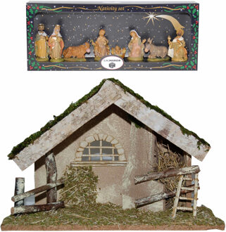 Complete kerststal 42 x 19 x 30 cm met beelden - Kerststallen Bruin