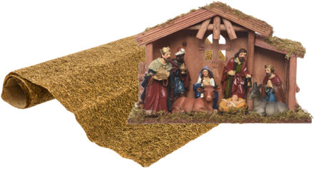 Complete kerststal inclusief 8 beelden en ondergrond 30 cm Multi