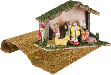 Complete kerststal - inclusief beelden en ondergrond - 31 x 13 x 19 cm