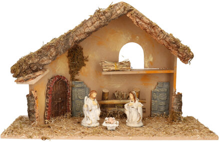Complete kerststal met 3x st kerststal beelden - 50 x 23 x 31 cm - hout/polyresin