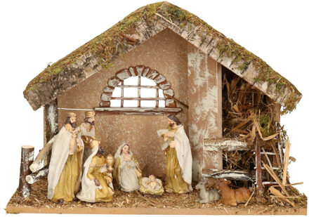 Complete kerststal met 8x st kerststal beelden - 42 x 19 x 30 cm - hout/polyresin Bruin