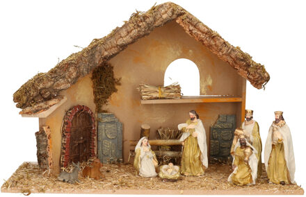 Complete kerststal met 8x st kerststal beelden - 50 x 23 x 31 cm - Kerststallen Bruin