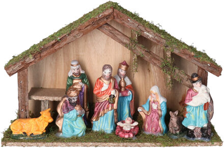 Complete kerststal - met 9 kerst beelden - L35 x B12 x H22 cm Bruin
