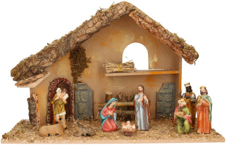 Complete kerststal met 9x st kerststal beelden - 50 x 23 x 31 cm - Kerststallen Bruin